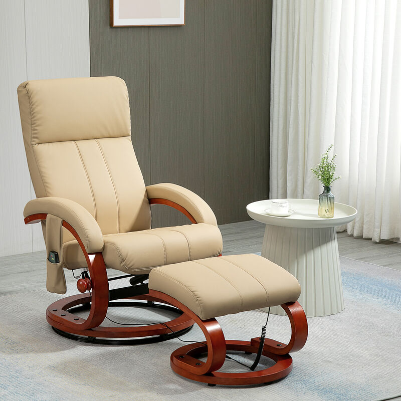 HOMCOM Recliner Chair with Ottoman, Electric Faux Leather Recliner with 10 Vibration Points and 5 Massage Mode, Reclining Chair with Remote Control, Swivel Wood Base and Side Pocket, Beige