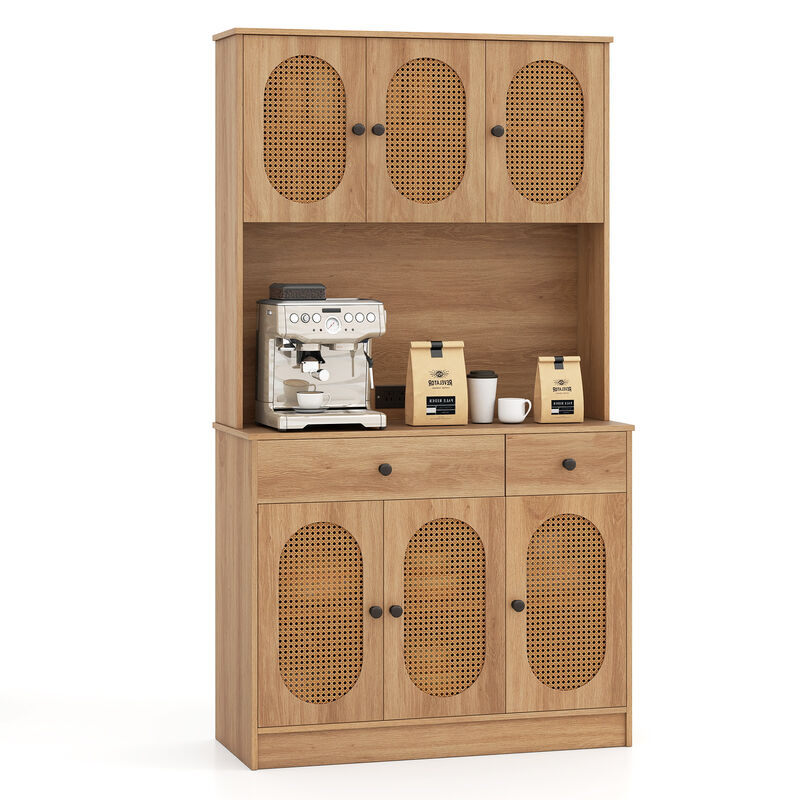 Kitchen Pantry Storage Cabinet 71" with Hutch and Charging Station &ndash; Natural image number 3