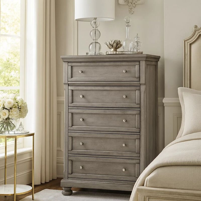 Ryno Tall Dresser Chest, 5 Drawer, Pull Tray, Silver Round Knobs, Gray image number 6