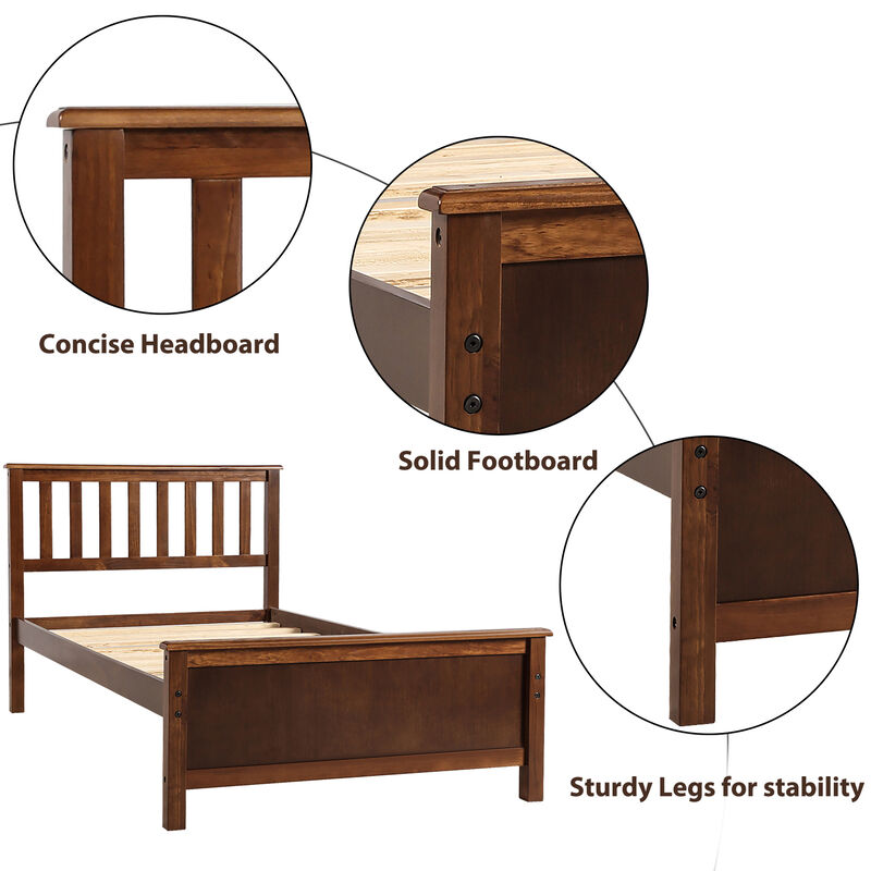 Whisen Twin Size Wood Platform Bed with Headboard, Footboard and Wood Slat Support - Walnut
