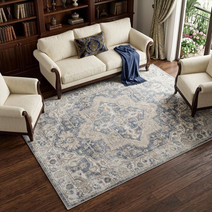 HomeRoots 8' X 10' Gray and Blue Oriental Power Loom Washable Area Rug