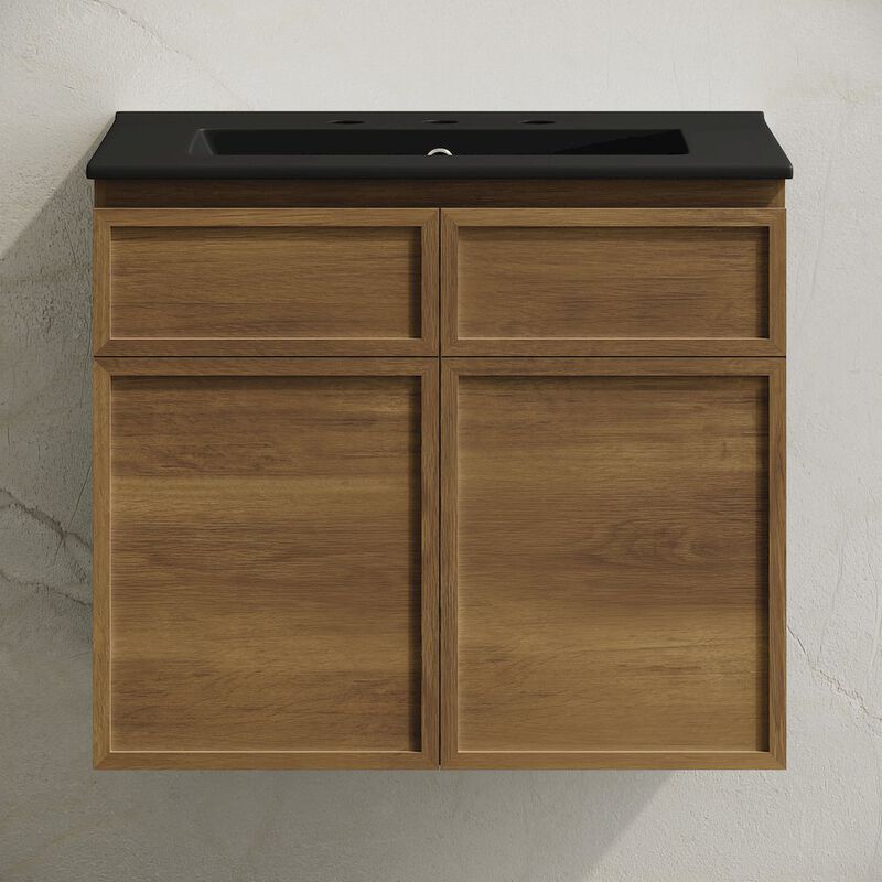 24" Wall-Mounted Bathroom Vanity in Brown Oak, Black 3-Hole Centerset Sink Top image number 4