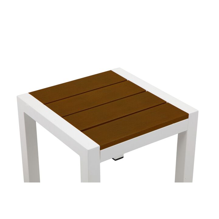 Josh 18 Inch Side End Table, Rich Brown Polyresin Planks, Aluminum Frame-Benzara
