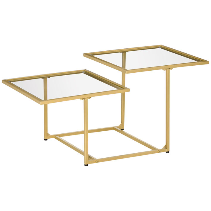 HOMCOM Coffee Table, Tempered Glass Coffee Table with 2 Square Tabletops, Modern Coffee Tables for Living Room, Bedroom, Gold