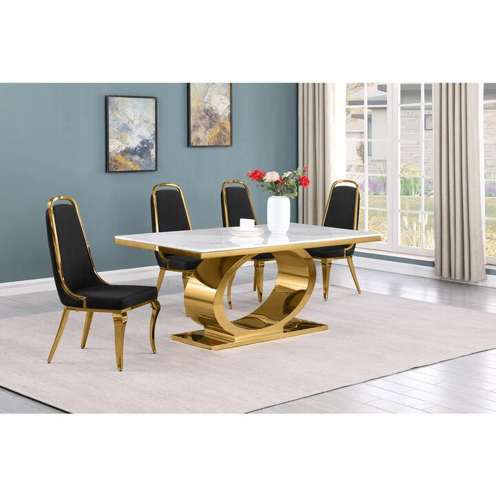 5pc Small(68") marble top dining set with gold base and 4 Black side chairs