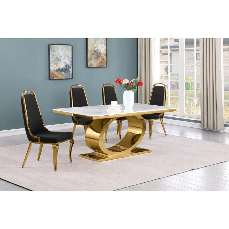 5pc Small(68") marble top dining set with gold base and 4 Black side chairs