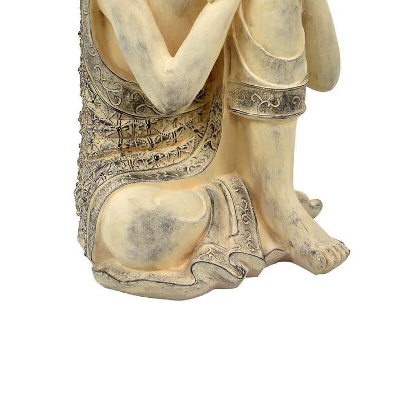 Decorative Resting Buddha Figurine, Antique Beige Resin, 14 Inch - Benzara