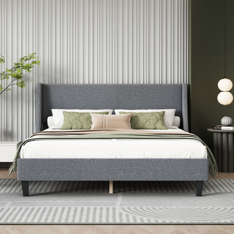 Queen Size Bed Frame Upholstered Bed Frame Platform with Adjustable Headboard Linen Fabric Headboard Wooden Slats Support/No Box Spring Needed/Easy Assembly/Mattress Foundation, Light gray