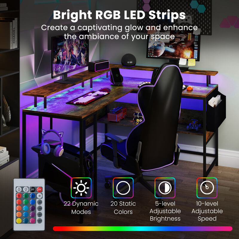 L Shaped Computer Desk with LED Lights and Built In Power Outlets for Gaming image number 4