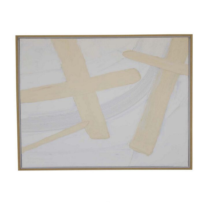 40 x 40 Framed Canvas Oil Painting, Abstract, Natural Fiber, White, Yellow - Benzara