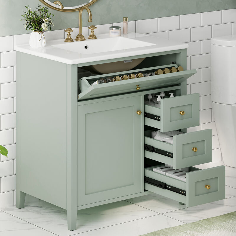 Merax Bathroom Storage Vanity with Left Adjustable Shelving Cabinet & 3 Right Smooth-Glide Drawers image number 2