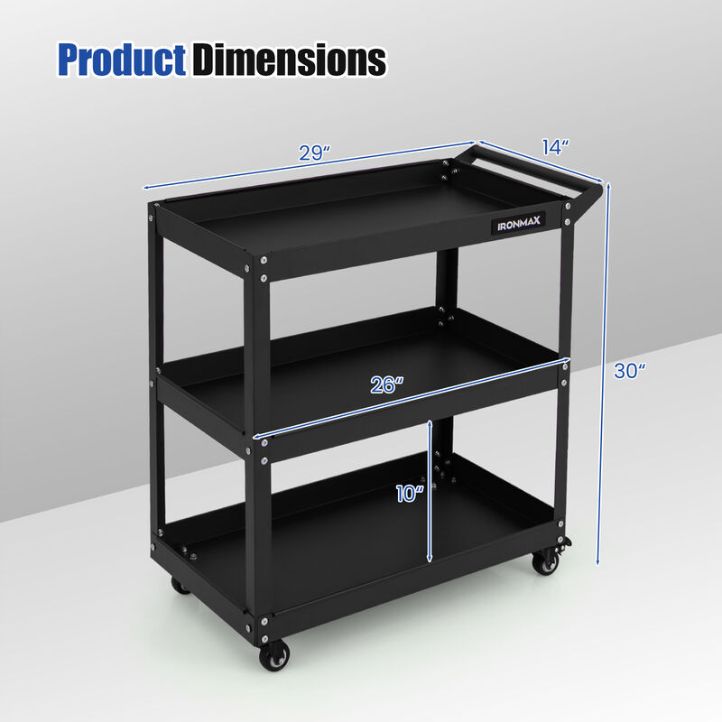 Rolling Cart with 3 Open Shelves, 2 Brakes & 360&deg; Swivel Wheels