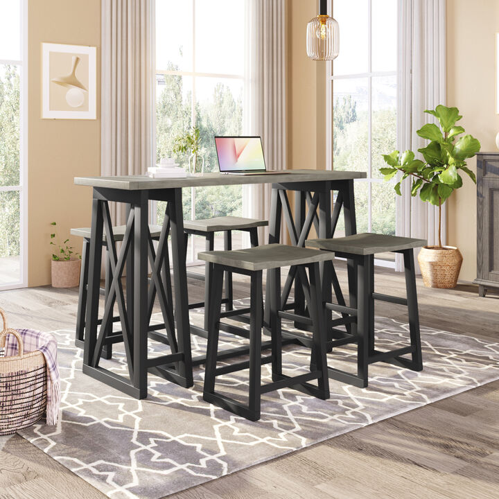 Rustic Counter Height 5-Piece Dining Set, Wood Console Table Set with 4 Stools