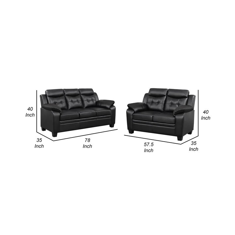 Finie 2 Piece Sofa and Loveseat Set, Black Faux Leather, Soft Foam