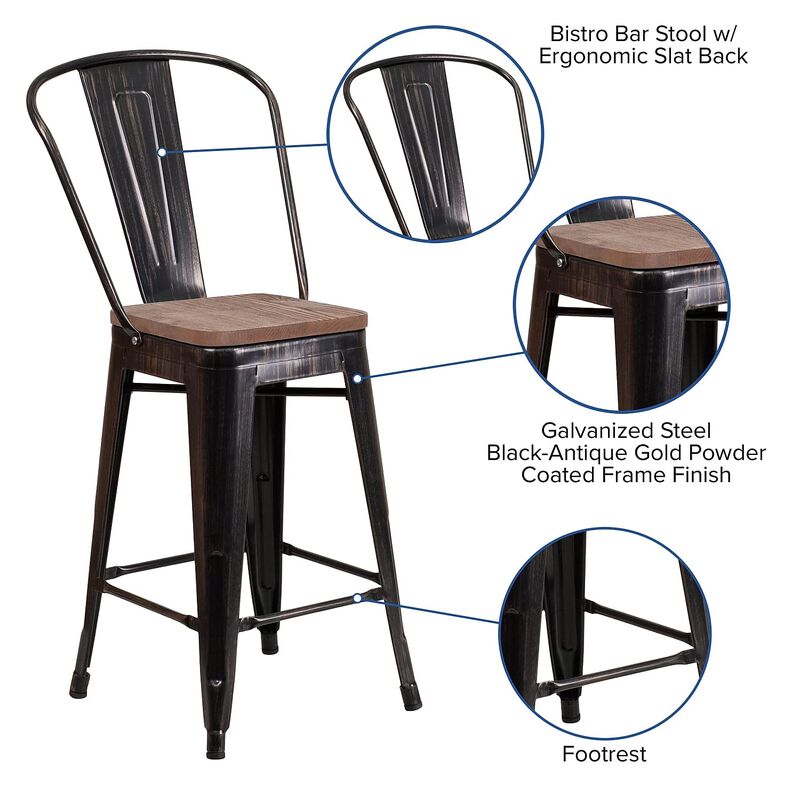 Flash Furniture Lily 24" High Black-Antique Gold Metal Counter Height Stool with Back and Wood Seat image number 2