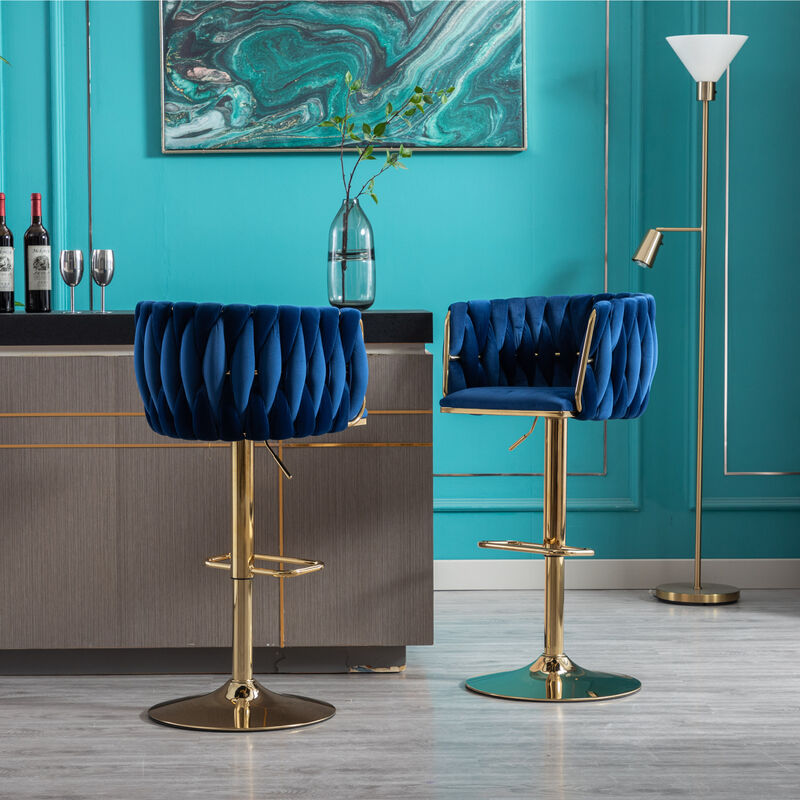 Set of 2 Bar Stools, with Chrome Footrest and Base Swivel Height Adjustable Mechanical Lifting Velvet + Golden Leg Simple Bar Stool-Navy