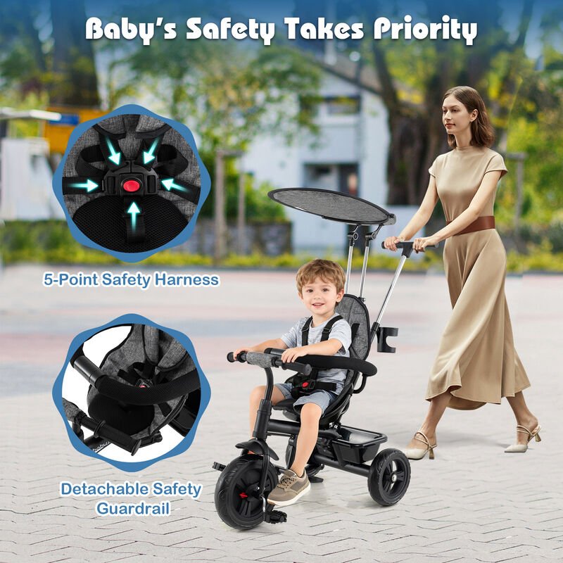 7-in-1 Baby Stroller Tricycle with Adjustable Canopy and Foldable Footrests image number 5