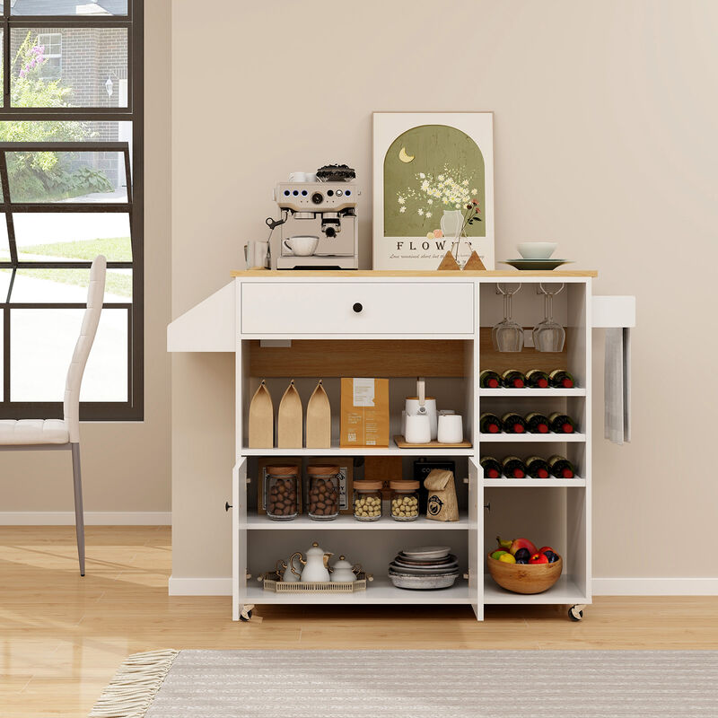 Drop Leaf Mobile Kitchen Island Cart with Power Outlet and Adjustable Shelf