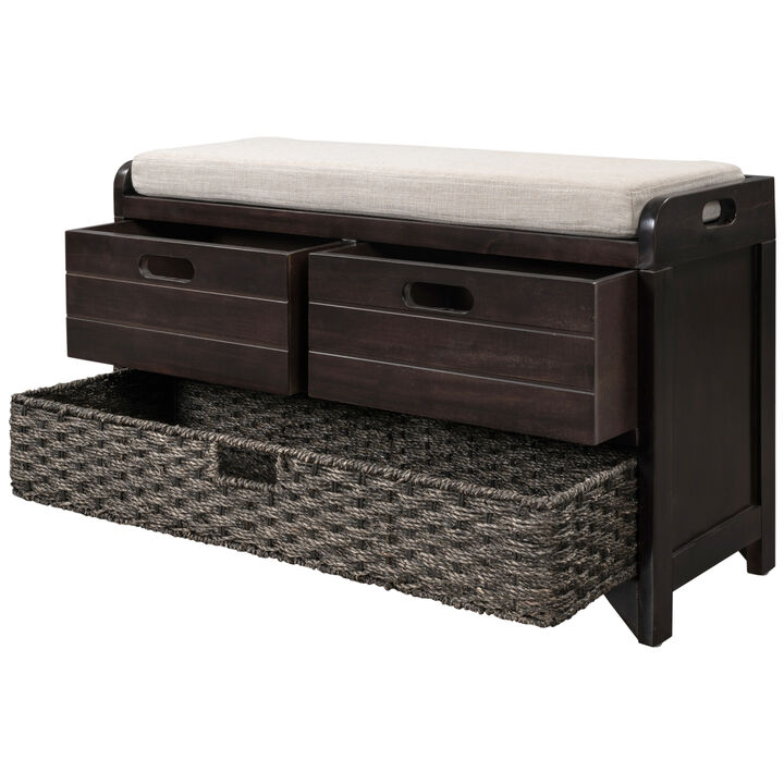 Storage Bench With Removable Basket And 2 Drawers, Fully Assembled Shoe Bench