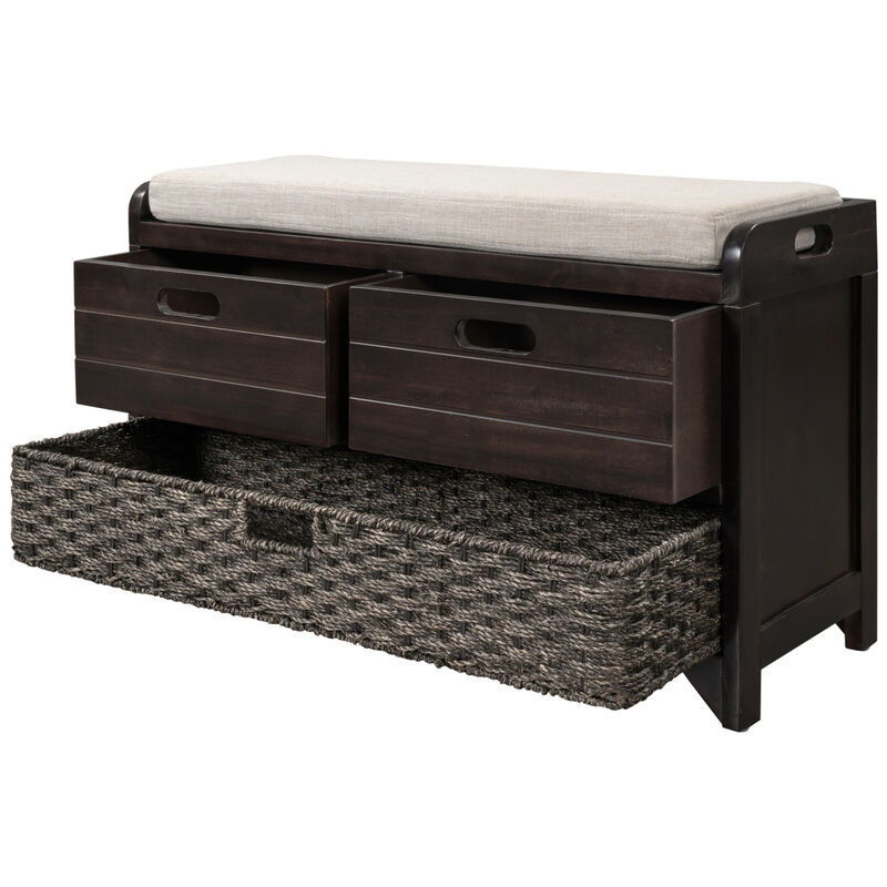 Storage Bench With Removable Basket And 2 Drawers, Fully Assembled Shoe Bench