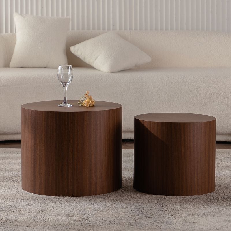 Modern Round Drum Nesting Coffee Table Set of 2, Wooden Cylinder Coffee Tables for Living Room, Space-Saving Design image number 2