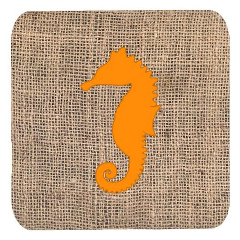 Caroline's Treasures BB1018-BL-OR-FC Sea Horse Burlap and Orange Foam Coasters (Set of 4), 3.5 H x 3.5 W, Multicolor