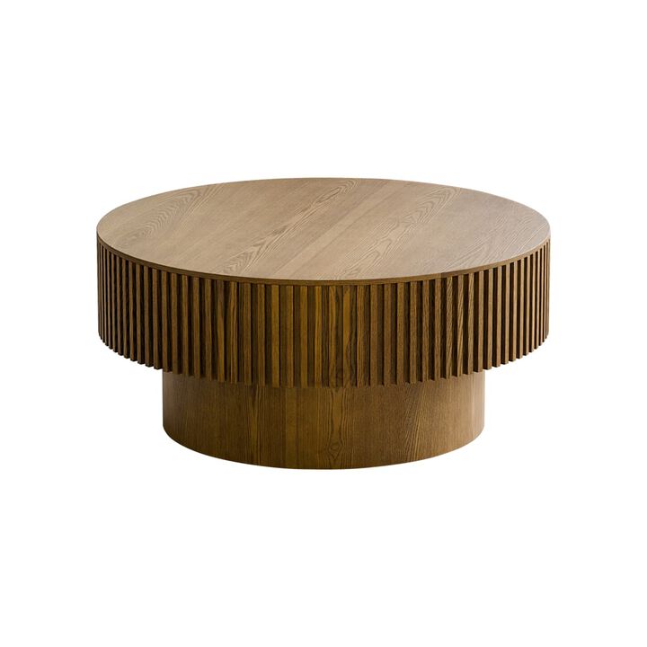 Round coffee table with storage Solid wood veneer and MDF coffee table with fluted base Modern accent coffee table for small spaces