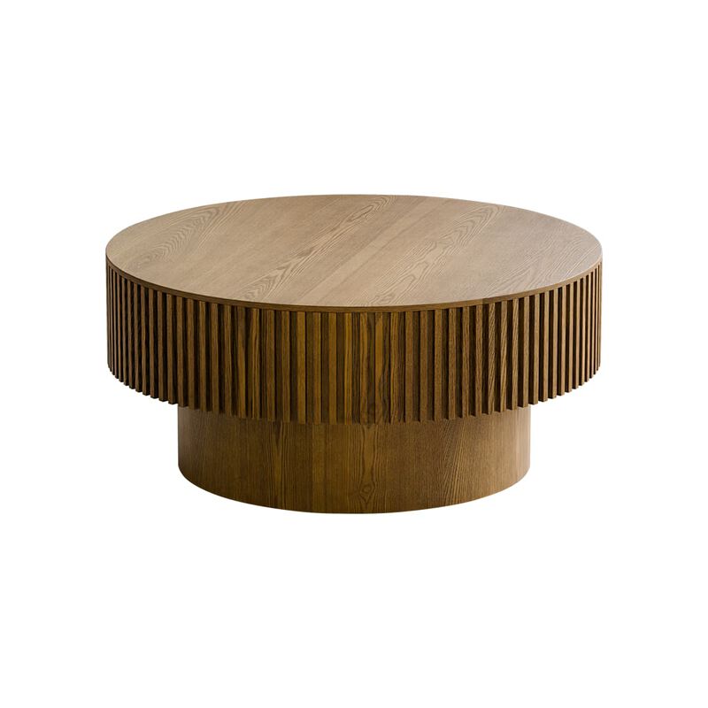 Round coffee table with storage Solid wood veneer and MDF coffee table with fluted base Modern accent coffee table for small spaces image number 0