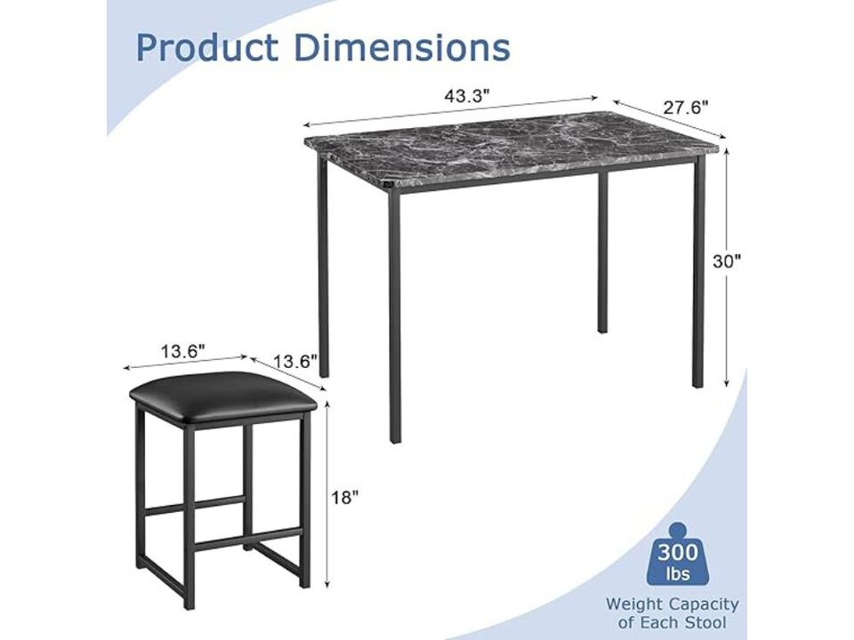 Dining Set &ndash; 4‑Seat Veined Black Faux Marble Table with PU Chairs, Metal Frame Design