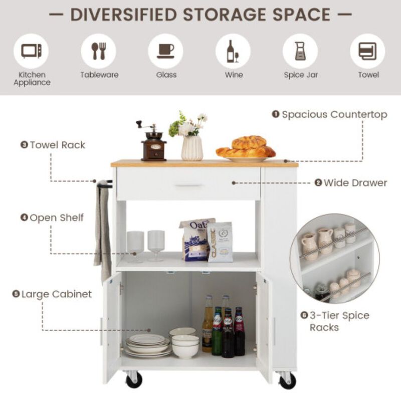 Rolling Kitchen Trolley with 3 Spice Racks Drawer and Open Shelf-White