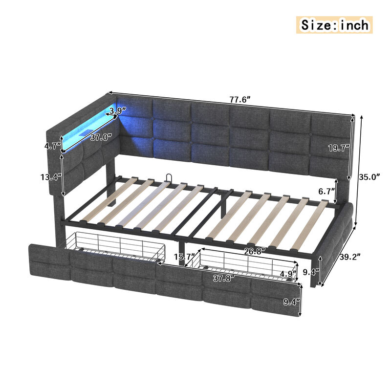 Merax Twin Size Upholstered Daybed with Storage 2 Drawers, Charging Station, LED Lights & Storage Headboard