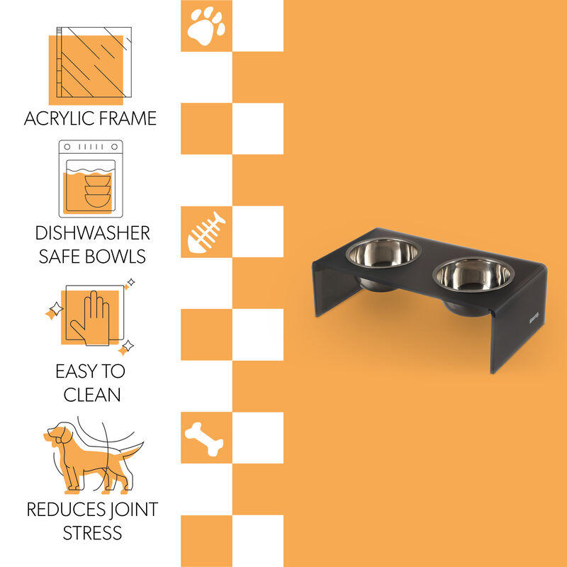 Keaton Modern Acrylic Rectangular Elevated Pet Feeder with Stainless Steel Bowls