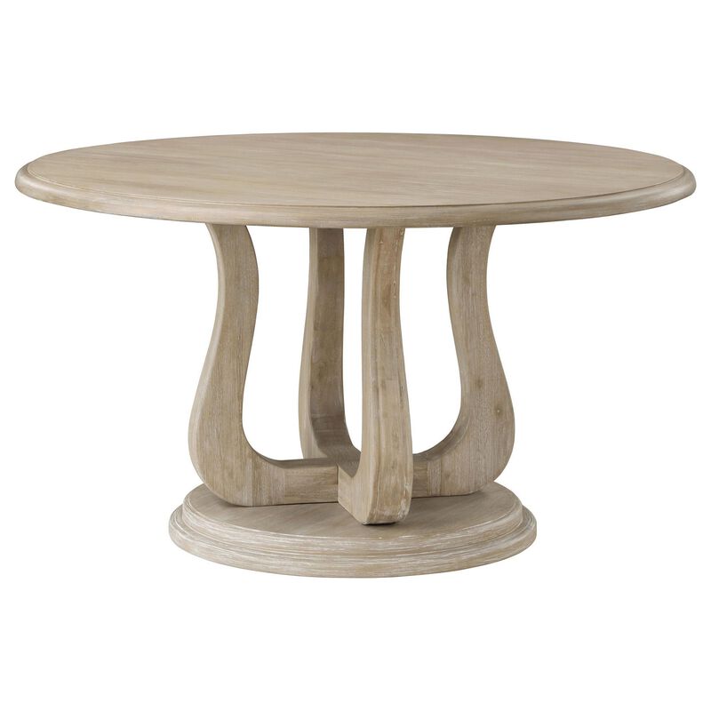 Eva Round Dining Table, Pedestal Base, White Washed Brown Wood 60 Inch - Benzara