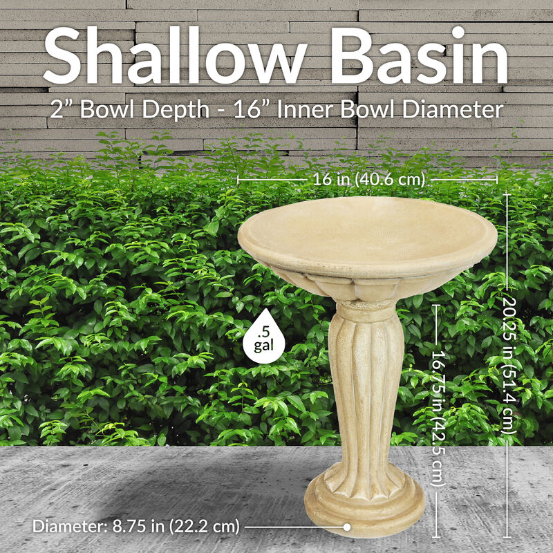 Sunnydaze Grecian Glass Fiber Reinforced Concrete Bird Bath - 16 in - Cream