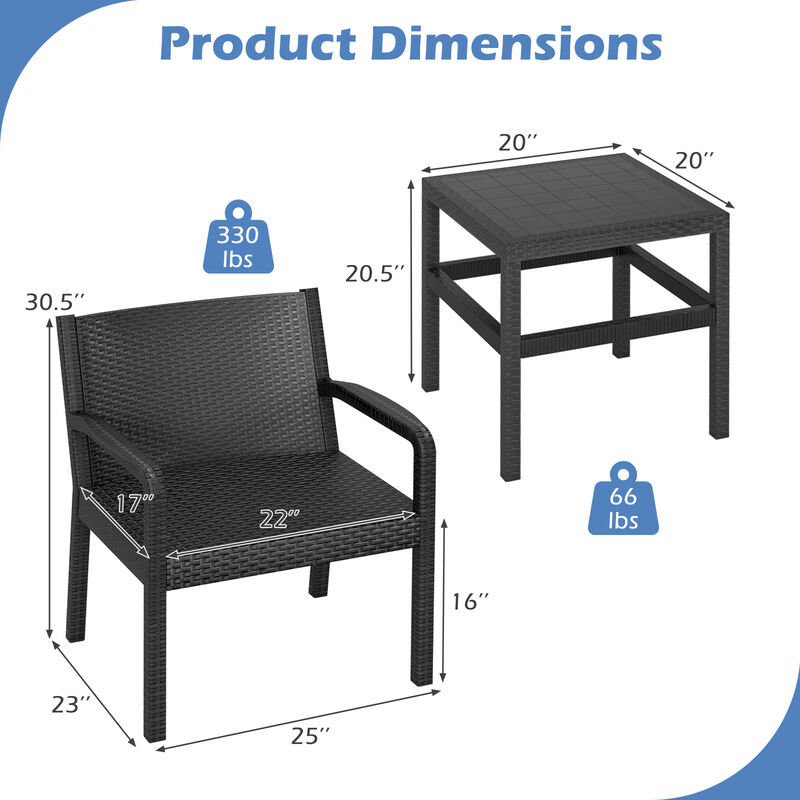 Black 3-Piece Outdoor Patio Set with 2 Rattan Armchairs and Square Side Table image number 2