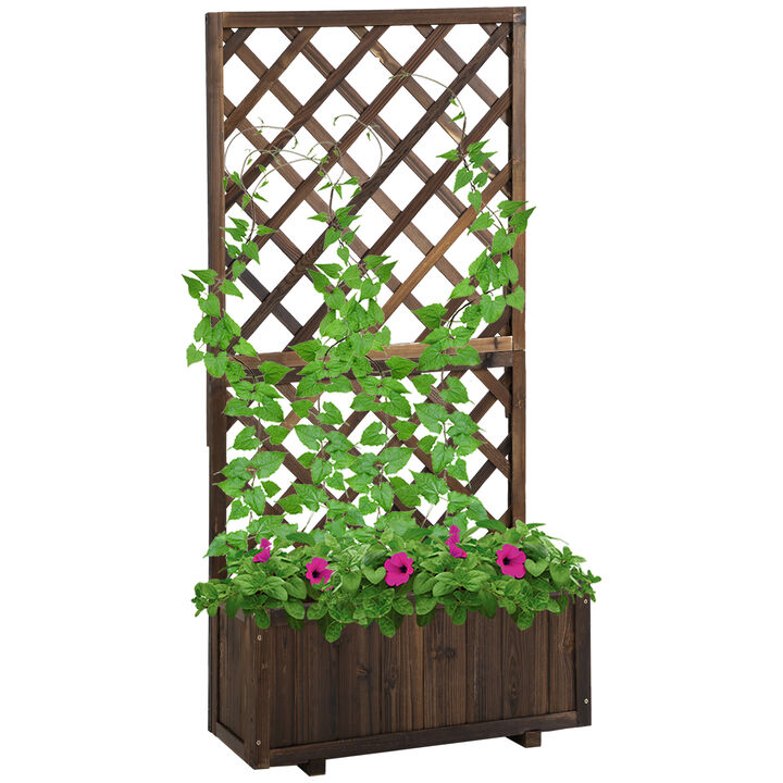 Outsunny Wooden Planter with Trellis, 59" Outdoor Raised Garden Bed with Drainage Holes, Planter Box for Climbing Vine Plants Flowers, Brown