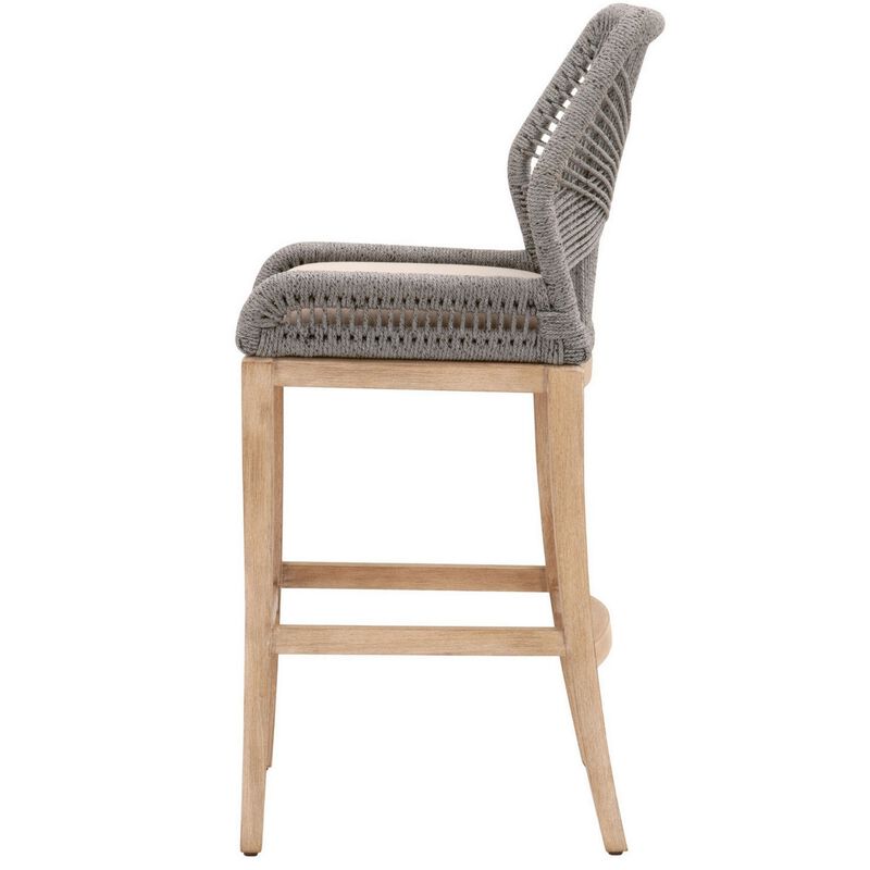 Counter Stool with Wooden Legs and Rope Back, Gray and Brown-Benzara