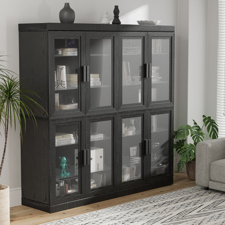 62" High Black Glass Door Wood Grain Decorative Storage Cabinet Display Cabinet, with Sufficient Space for 12 Shelves