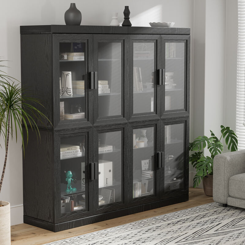 62" High Black Glass Door Wood Grain Decorative Storage Cabinet Display Cabinet, with Sufficient Space for 12 Shelves image number 1