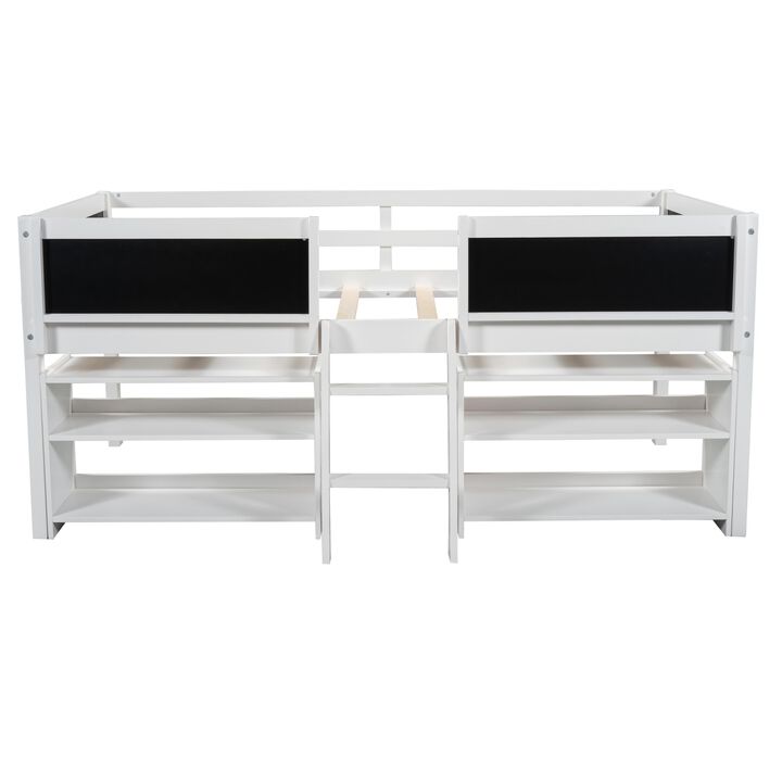 Twin Size Low Loft Bed with Two Movable Shelves and Ladder, with Decorative Guardrail Chalkboard