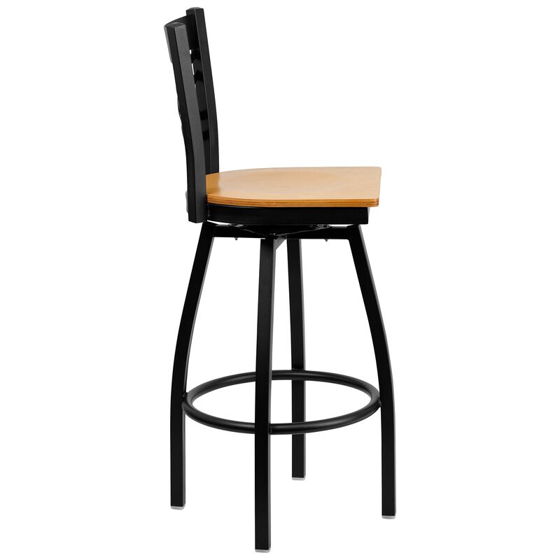 Flash Furniture HERCULES Series Black ''X'' Back Swivel Metal Barstool - Natural Wood Seat image number 3