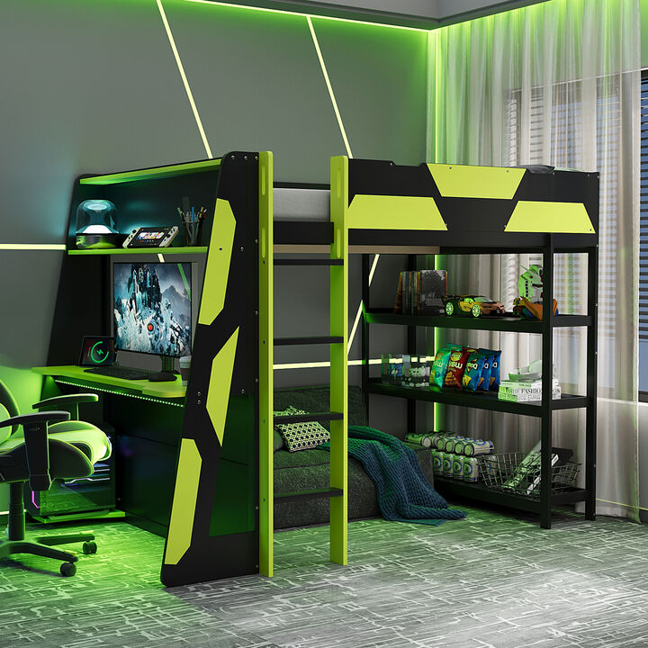 Merax Full Size Gaming Loft Bed with Side Desk & Storage Shelves