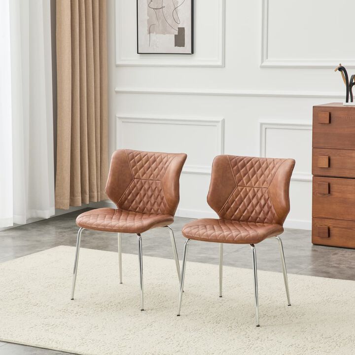 Set of 2 Leather Dining Chairs Square High Back Dining Chairs with Diamond Tufting Retro Dining Chairs with Metal Legs and Back Handle