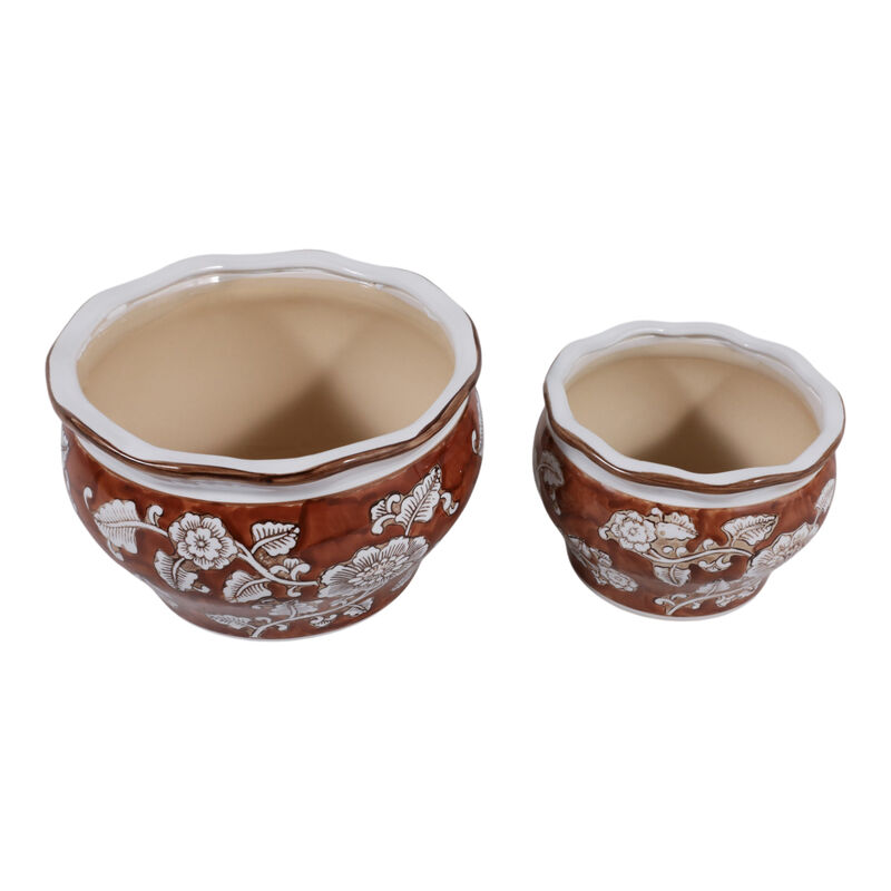 Cer, S/2 6/8" Round Chinoisere Planters, Brown image number 4