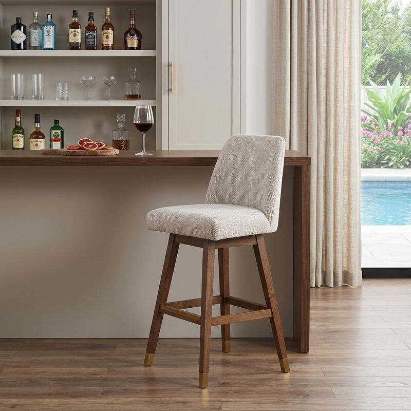 HomeRoots Beige and Brown Solid Wood Bar Height Swivel Bar Chair image number 1