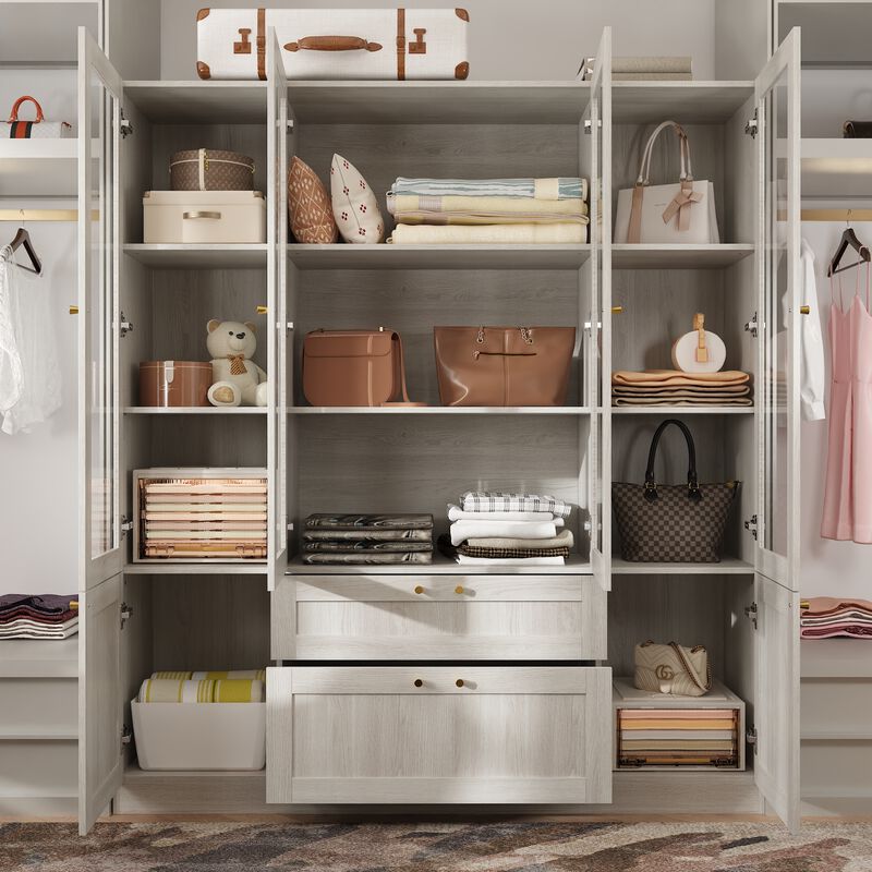 FUFU&GAGA Modern Wood Grain Wardrobe with Adjustable Shelves and Lockable Drawers (63" W x 70.9" H x 15.7" D), Glass Doors and Brass Pull Handles