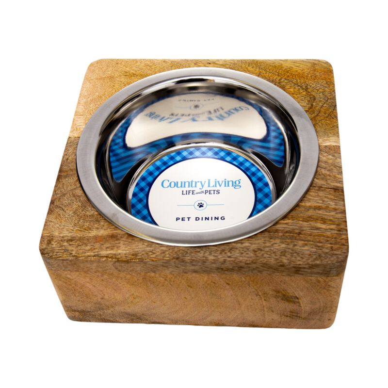 Country Living Elegant Stainless Steel Dog Bowl with Square Mango Wood Holder, Perfect for Modern Pet Homes – 1 qt