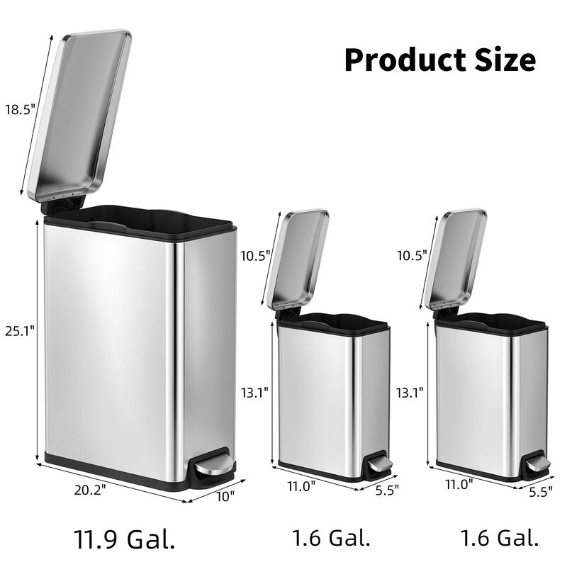 11.9 Gallon + Two 1.6 Gallon Slim Trash Can Sets, Stainless Steel Step-on Trash Can with Soft-Close Lid. Silver image number 2