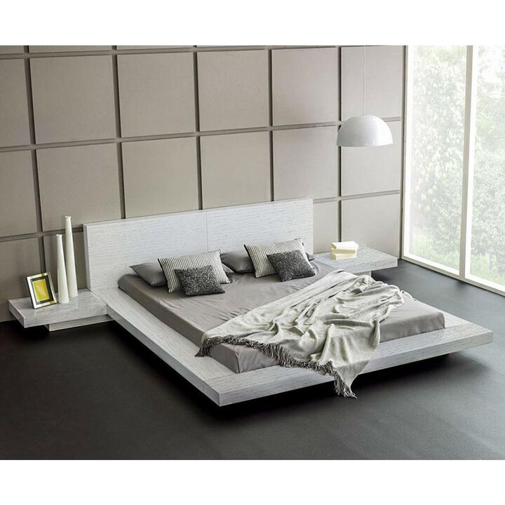 Hivvago King Modern Platform Bed with Headboard and 2 Nightstand in Ash White