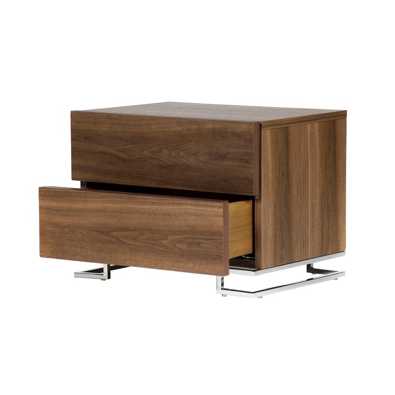 Sam 20 Inch Nightstand, 2 Drawers, Walnut Brown, High Polished Metal Legs - Benzara